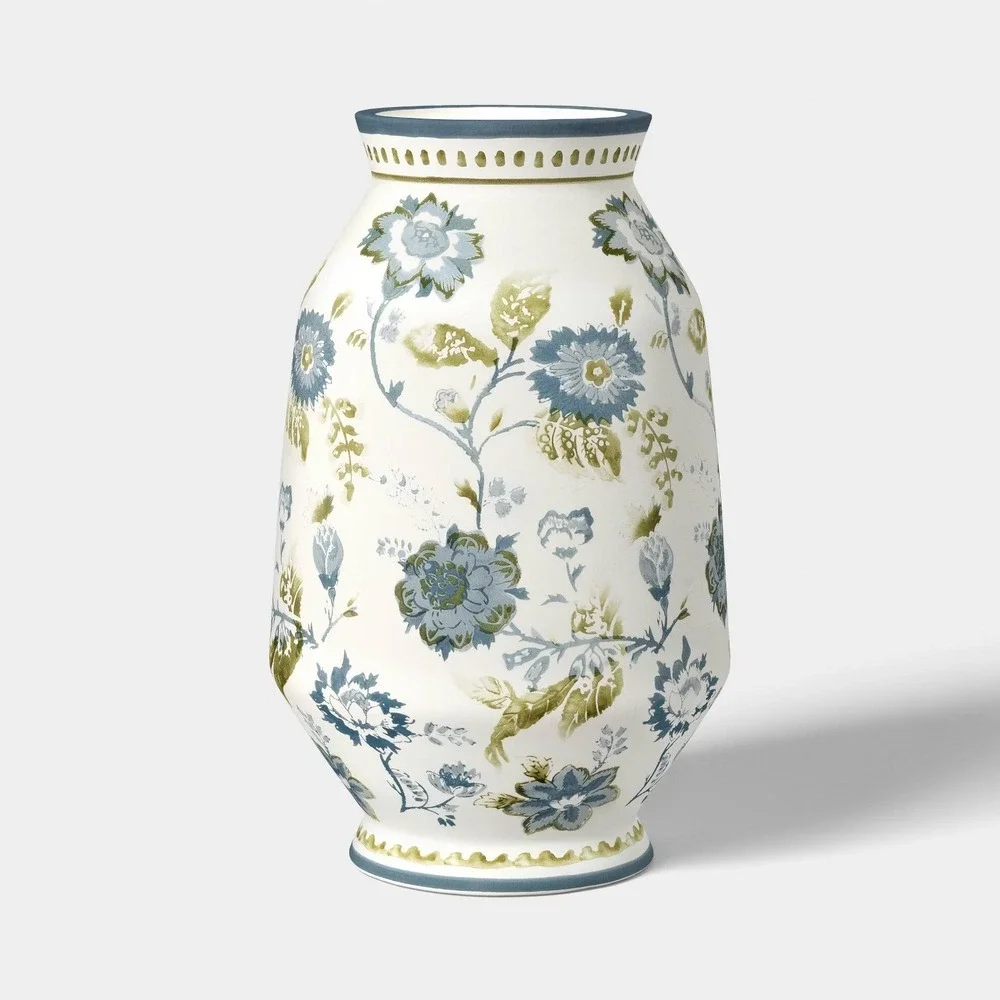 Tall Floral Painted Ceramic Vase Blue/Green - Threshold, Target